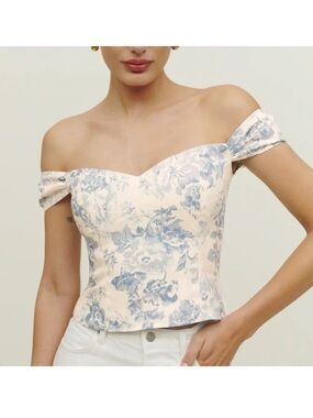 Reformation Eden Linen Off The Shoulder Top Teacup Floral 2